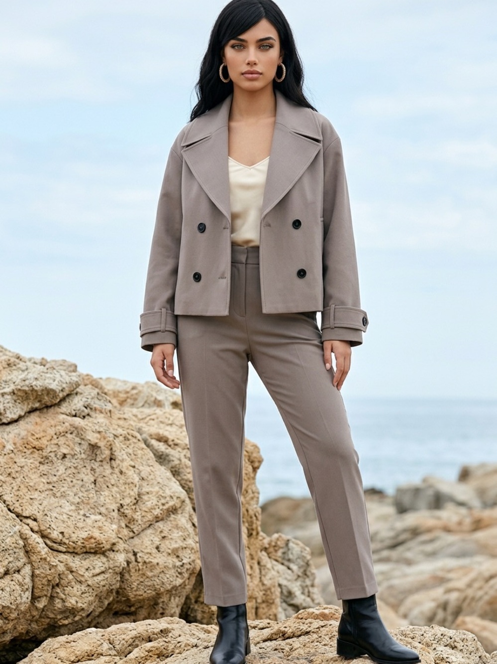 Cropped Double-Breasted Taupe Blazer Jacket